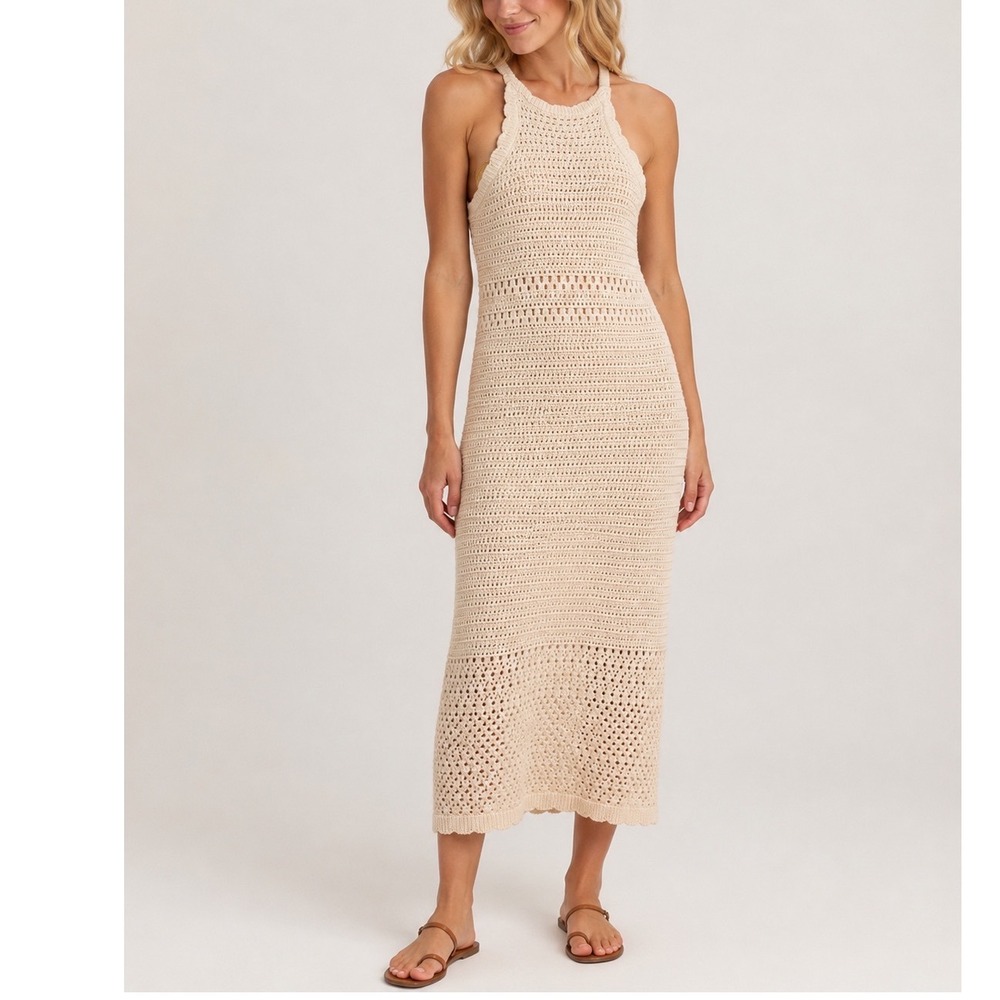 Arizona Jean Co Crochet Dress Small Halter Midi Cream Pointelle Boho Knit